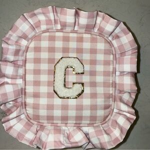 Pink Gingham Ruffled pouch  with Gold Letter C